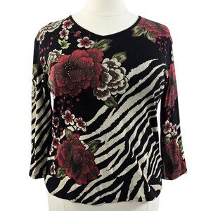 Jess & Jane Dark Floral Zebra Print Beaded Embellished Bedazzled Top Romantic